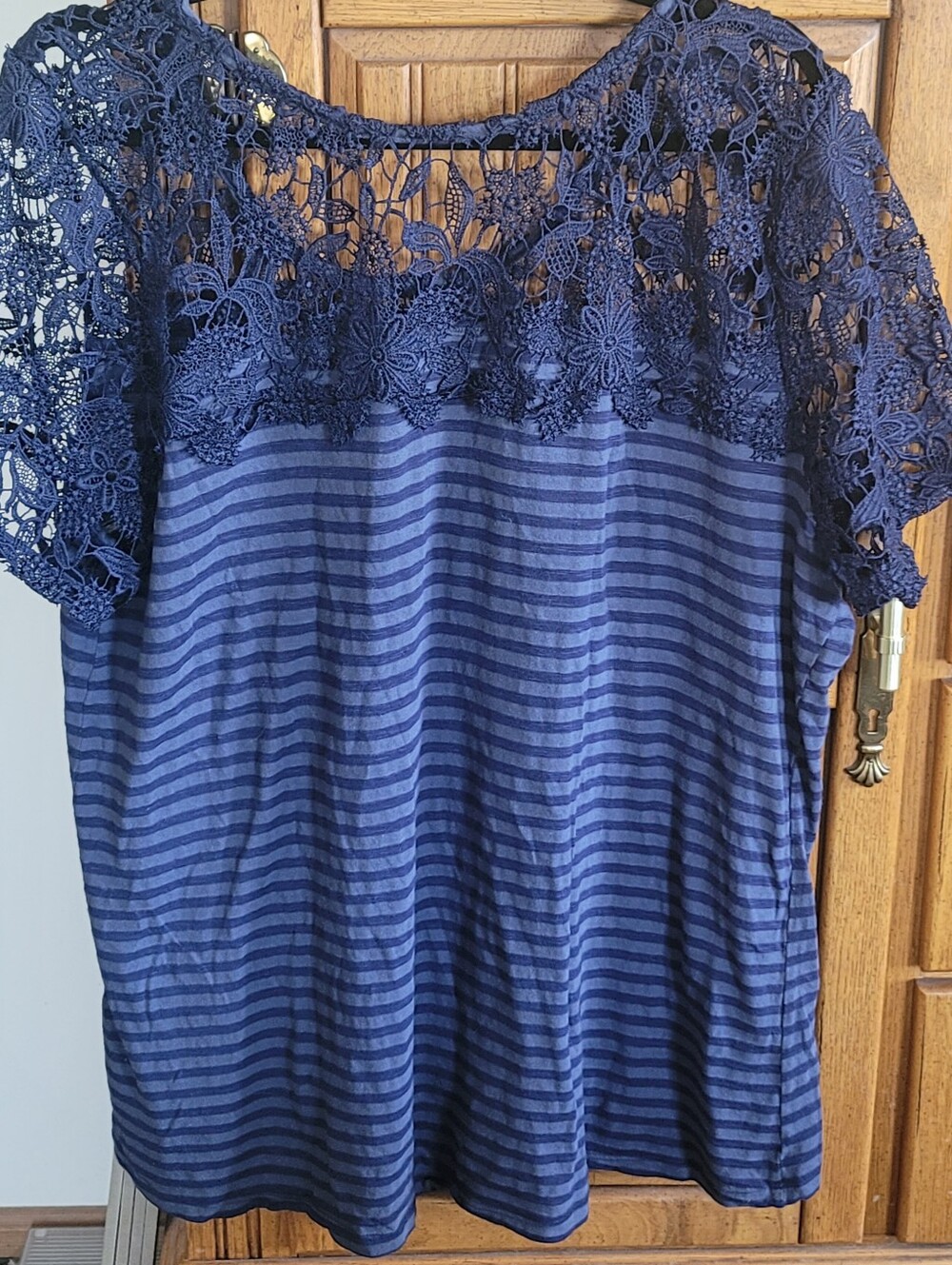 Lane Bryant Navy Blue Striped Top with Floral Lace Yoke - Picture 3 of 8